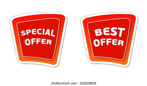 special and best offer - red banners with white text, business concept, vector