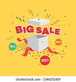 Special big sale discount symbol with gift, discount labels and flying confetti. Easy to use for your design or banner with transparent shadows.