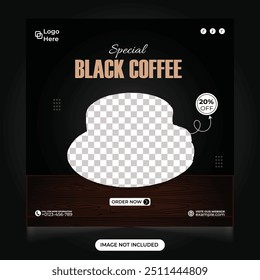 Special black coffee advertisement template social media post. Cafe and restaurant business promotional web banner and Instagram post design. Black coffee sales design advertisement template.
