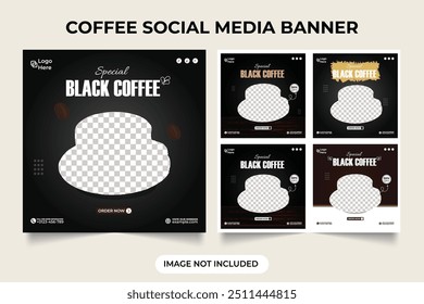 Special black coffee sales social media bundle template design. coffee template set advertisement poster design. Coffee Shop web banner and Instagram post design.