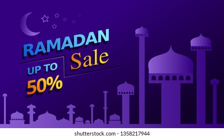 special Blue Background Ramadan Sale, web header or banner design with crescent moon and flat 50% off offers on mosque pattern background. - Vector