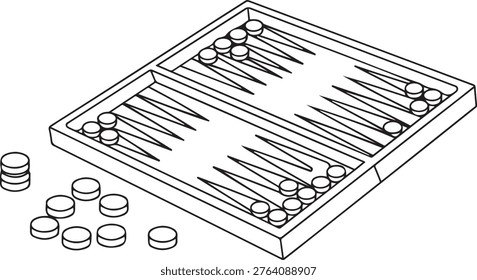 A special board with cells for playing backgammon. Nearby are the chips for the game. An old board game. one line art icon drawing vector
