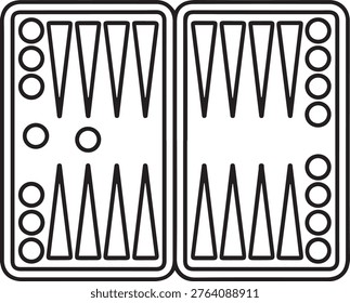 A special board with cells for playing backgammon. Nearby are the chips for the game. An old board game. one line art icon drawing vector
