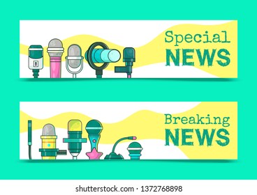 Special breaking news on TV set of banners vector illustration. Journalism concept. Live speech. Music recording. Wireless microphone for press and mass media. Journalistic interviews.