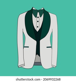 A special bright white tuxedo for men's formal wear.  Formal fashion vector illustration on green background.