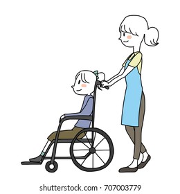 Special care service concept with smiling female caregiver taking care of happy girl sitting on wheelchair. Vector illustration with hand-drawn style.