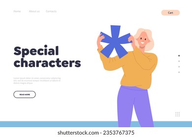 Special character landing page design template with happy woman holding asterisk font sign