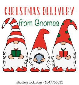 Special Christmas delivery card from gnomes on white background. Merry Christmas. Character for concept design. Vector illustration design. Cartoon character. Xmas present. Holiday. Happy new year.