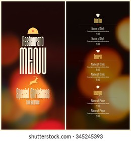 Special Christmas festive menu design on blurred background with Christmas lights