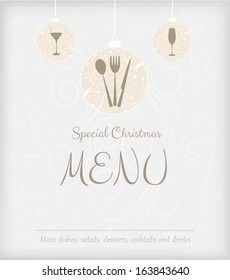 Special Christmas Menu Design With Fork, Spoon And Knife And Drinks Glasses On Swirly Baubles Background