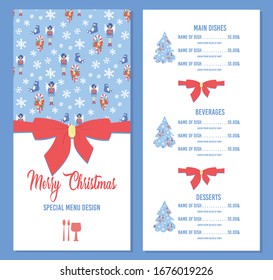 Special Christmas Menu Design Template with Lettering, Festive Bow, Snowflakes. Restaurant Background with Copy Space for Food, Drinks Description and Prices. Cartoon Flat Vector Illustration, Banner