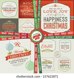 Special Christmas and New Year offer, 4 in 1 package. Set of greeting cards, labels, stickers, banners and badges.