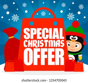 Special Christmas offer with child in costume penguin.Vector illustration