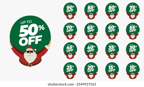 Special christmas offer discount with santa claus bag in different value percent off 90, 85, 80, 75, 70, 65, 60, 55, 50, 45, 40, 35, 30, 25, 20, 15, 10 percentage price reduction label. Sale offer.