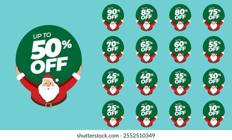 Special christmas offer discount with santa claus bag in different value percent off 90, 85, 80, 75, 70, 65, 60, 55, 50, 45, 40, 35, 30, 25, 20, 15, 10 percentage price reduction label. Sale offer.