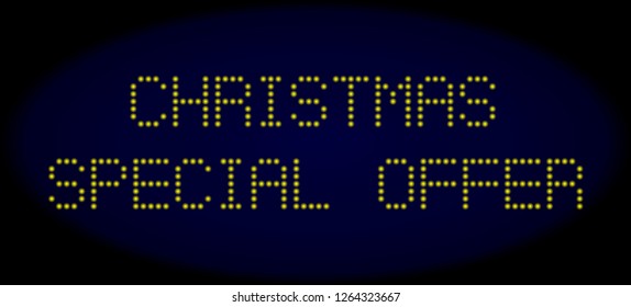 Special Christmas Offer message in LED style with round glowing pixels. Vector illuminated yellow letters forms Special Christmas Offer message on a dark blue background.