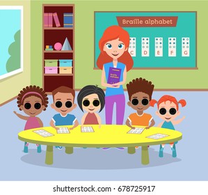 A Special Class Of Blind Children With Glasses. Blind Children Are Handicapped And The Teacher Is Greeted And Waved. Learning The Braille Alphabet