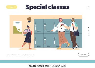 Special Classes Concept Of Landing Page With High School Corridor Interior With Pupils Or Students Walk To Classroom Talking. Schoolchildren Or Students Communicate. Cartoon Flat Vector Illustration