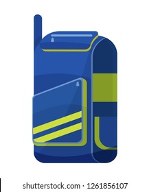 Special classic sports cricket bag. Sports backpack, bag, with compartments for balls, wooden cricket bat, clothes, shoes and accessories. Handbag for active mobile lifestyle. Vector illustration.