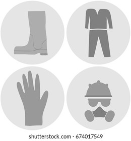 Special clothes. Icon set of specialized clothing, boots, costume, glove, face protection. Flat design, vector illustration, vector.