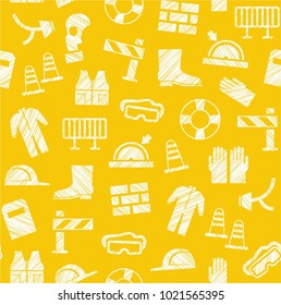 Special clothing and means of protection. Safety on the job. Hatching with a white pencil on the yellow field. Imitation. Vector pattern. 