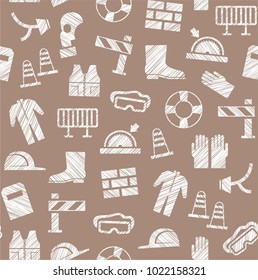 Special clothing and means of protection. Safety on the job. Hatching with a white pencil on a brown field. Imitation. Vector pattern. 