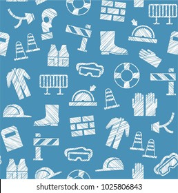 Special clothing and means of protection. Safety on the job. Hatching with a white pencil on a blue field. Imitation. Vector pattern.  
