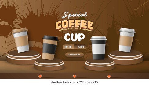 special coffe cup discount with landscape template banner and copy space 3d podium for product sale with abstract gradient brown background design