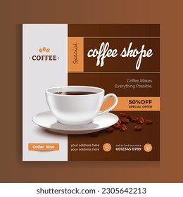 Special coffee drink menu sale promotional social media post banner template. Cafeteria advertisement concept, espresso, shop marketing square ad. Coffee cup with smoke and coffee beans