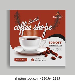 Special coffee drink menu sale promotional social media post banner template. Cafeteria advertisement concept, espresso, shop marketing square ad. Coffee cup with smoke and coffee beans