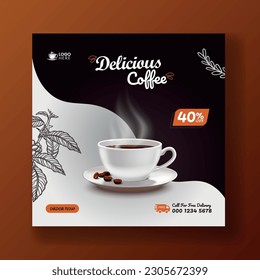 Special coffee drink menu sale promotional social media post banner template. Cafeteria advertisement concept, espresso, shop marketing square ad. Coffee cup with smoke and coffee beans