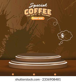 special coffee sale square banner for social media post with copy space 3d podium for product sale with abstract gradient brown background design
