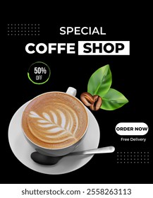 special coffee shop opening discount up to 50% banner, poster