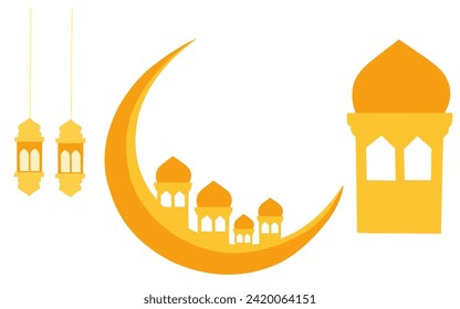 A special collection of Ramadan-themed icons, containing mosques, minarets, crescent moons, lanterns, and lamps. Vector collection of Ramadan icons with a festive color combination