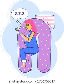Special comfortable medical pillow for pregnancy, line woman with late gestation period sleep isolated on white, flat vector illustration. Health mother and child, wholesome falling asleep.