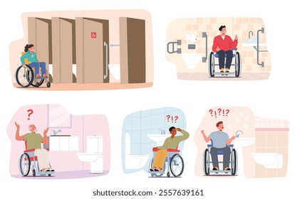 Special conditions of lavatory room service for inclusive people fulfillment and non-fulfillment scene set. Male and female characters with physical disability in wheelchair at WC vector illustration