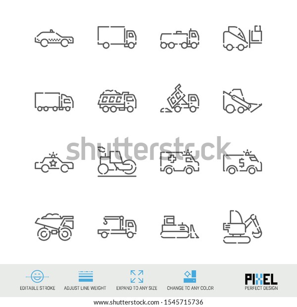 Special and construction\
vehicles related vector line icon set. Pixel perfect design.\
Editable stroke. Adjust line weight. Expand to any size. Change to\
any color.