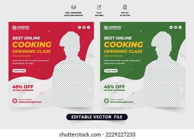 Diseño de banner web promocional de clase de cocina especial para marketing digital. Clase culinaria de medios sociales vector para entrenamiento culinario. Diseño de afiches de clases de cocina en línea con colores amarillo y azul