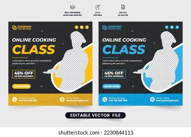 Special cooking class promotional web banner design with yellow and blue colors. Online cooking lesson poster design for digital marketing. Culinary class social media post vector for cooking training