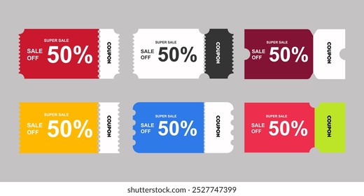Conjunto de cupom especial. Conjunto de modelos de cupom em estilo diferente, isolado no fundo. Imprimindo modelo de cupom ou comprovante. Cupom ou comprovante com código e ícone de porcentagem. Ilustração vetorial