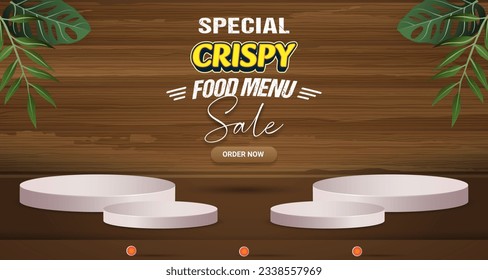 special crispy food menu sale with landscape template banner and copy space 3d podium for product sale with abstract gradient brown background design
