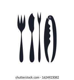 Special Cutlery for Seafood. Silhouette of Cocktail fork, Coquille, fish knife, tongs. Boiled prawns - on forks. Hand drawn illustration isolated on white background. Vector set.