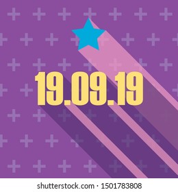 Special date of three "9" - 19.09.19 made in yellow color with long shadows. Square lylac background. 