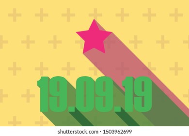 Special date of three "9" - 19.09.19, yellow color  background, elements with with long shadows including star. Horizontal format. Vector. Mix of brutal military and glamour styles.