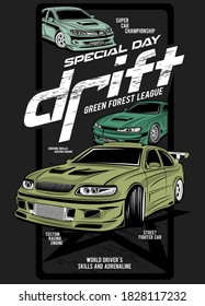 special day, drift green forest league, illustration of a custom engine car