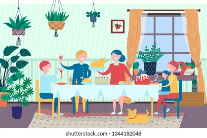 Special day for family vector, mother and father with daughter and son celebrating event holiday. People sitting by table eating and drinking room interior