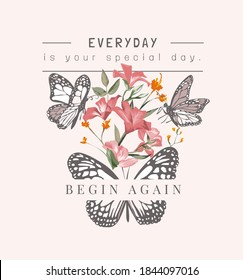 eslogan especial del día con mariposas e ilustraciones coloridas de flores