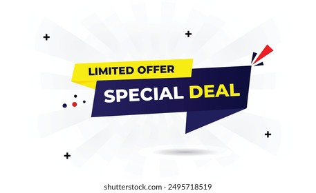 Special deal limited offer banner template with white background, dark blue gradient, and light yellow shapes perfect for eye catching promotions and vector art designs promotion, business, sale, time