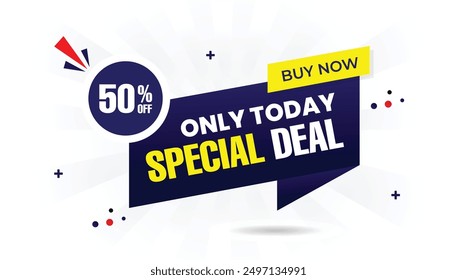 Special deal only today 50% off buy now banner template with white background, dark blue and light blue gradient, and shine yellow shapes perfect for high impact promotions vector, deal, sale, icon