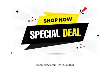 Special deal shop now banner template with white background, dark black gradient, and light yellow shapes for eye catching vector art design business, discount, banner, deal, promotion, vector, offer